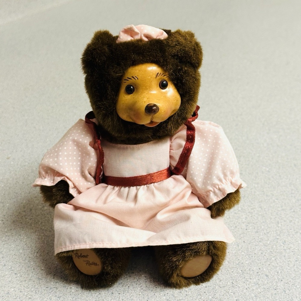 Robert Raikes Wooden Face Bear Raikes Bears Brown Fur Original Polka Dot Outfit - Picture 9 of 10